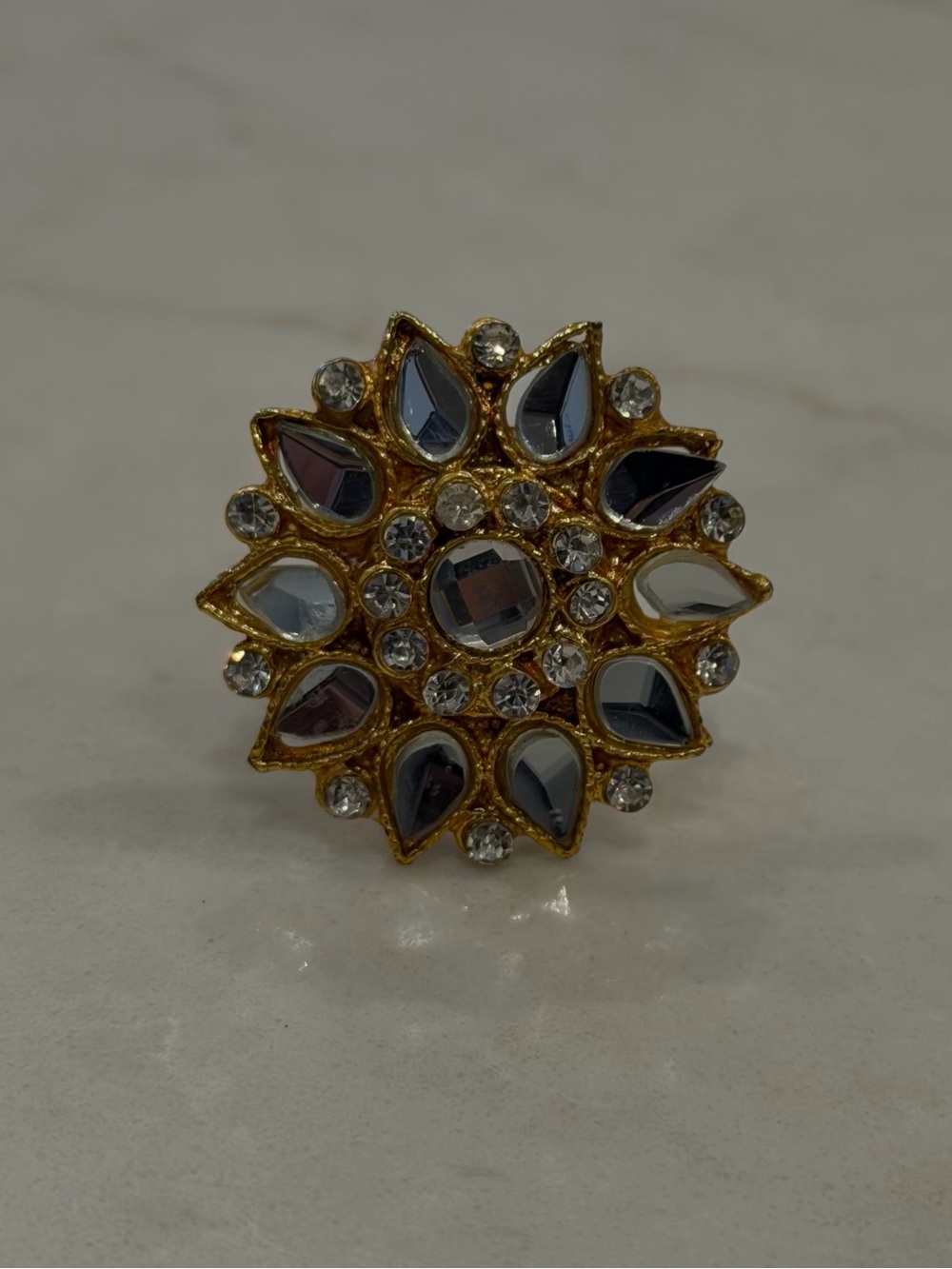 Gold Tone Mirror Statement Ring | Adjustable Floral Sunburst Ring